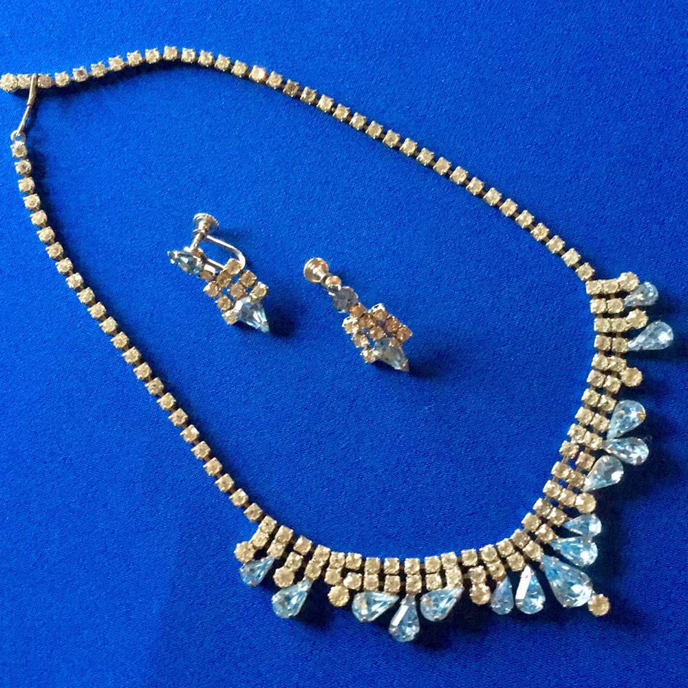 ANTIQUE JEWELRY SET ADJUSTABLE RHINESTONE NECKLACE and EARRINGS